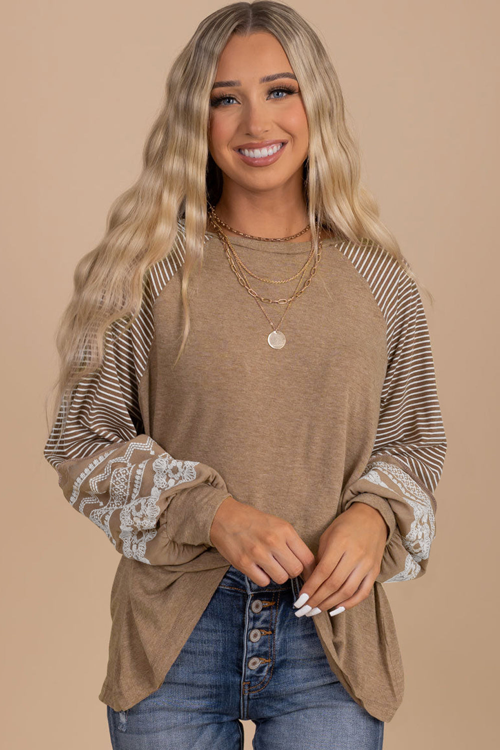 Floral Striped Patchwork Loose Long Sleeve Top | Light French Beige