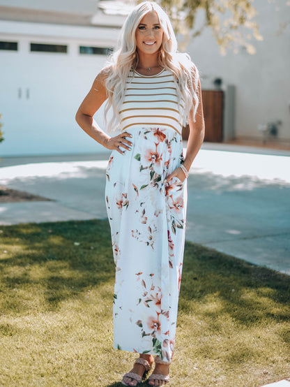 Striped Floral Print Sleeveless Maxi Dress With Pocket | White