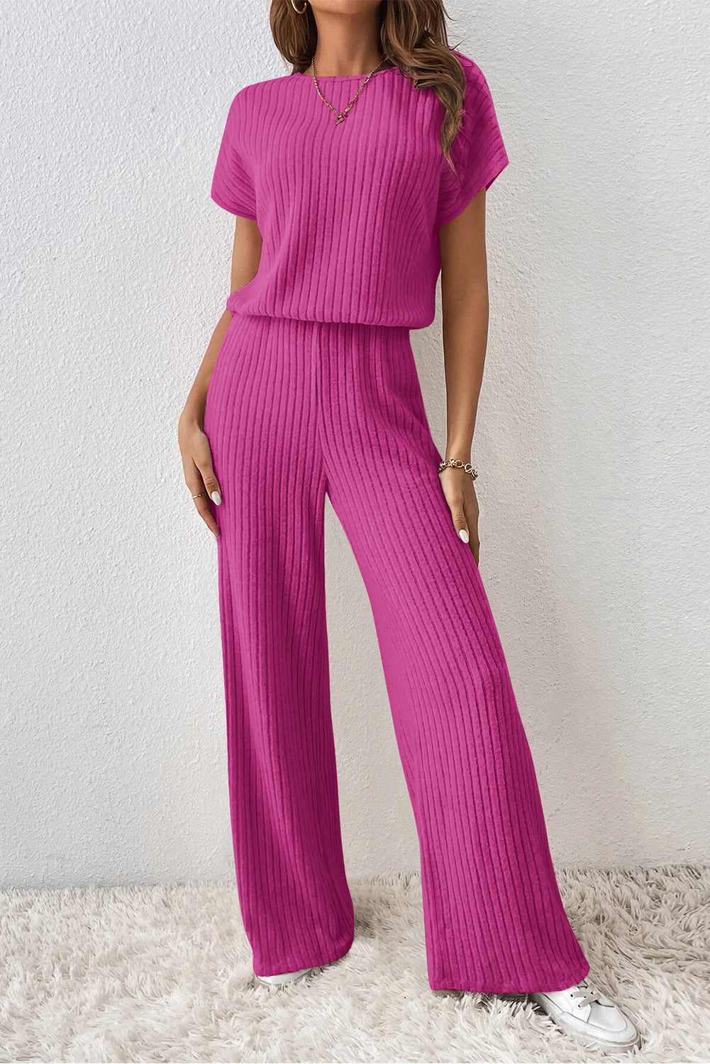 Solid Colour Ribbed Short Sleeve Wide Leg Jumpsuit | Rose Red