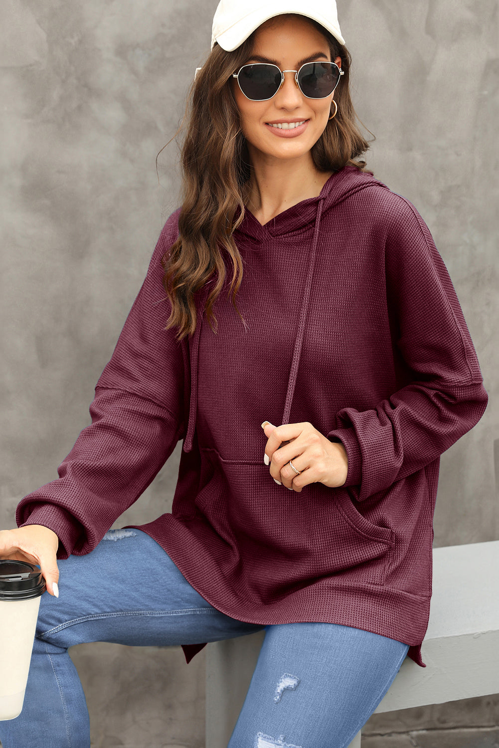 Waffle Knit Fleece Lined High Low Oversized Hoodie | Red Dahlia