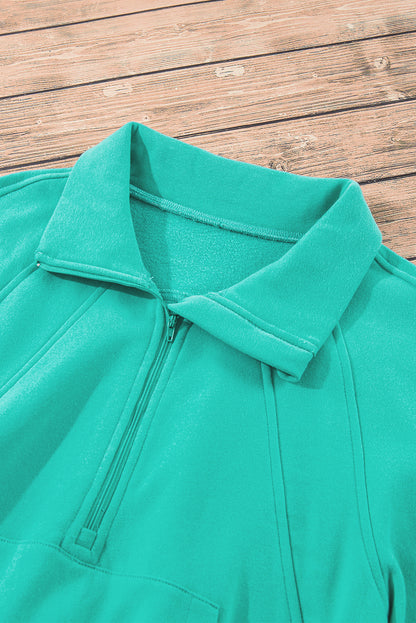 Fleece Lined Zip Up Stand Collar Thumbhole Sleeve Sweatshirt | Sea Green