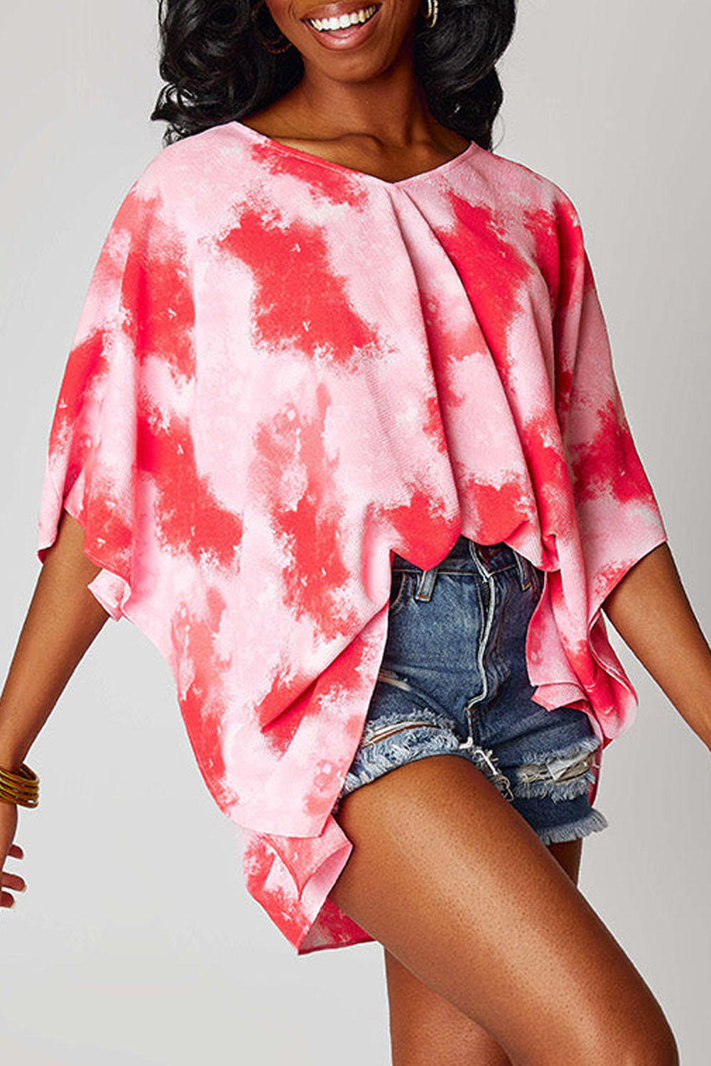 Plus Size Tie-Dye Print 3/4 Sleeve Tunic Top | Red