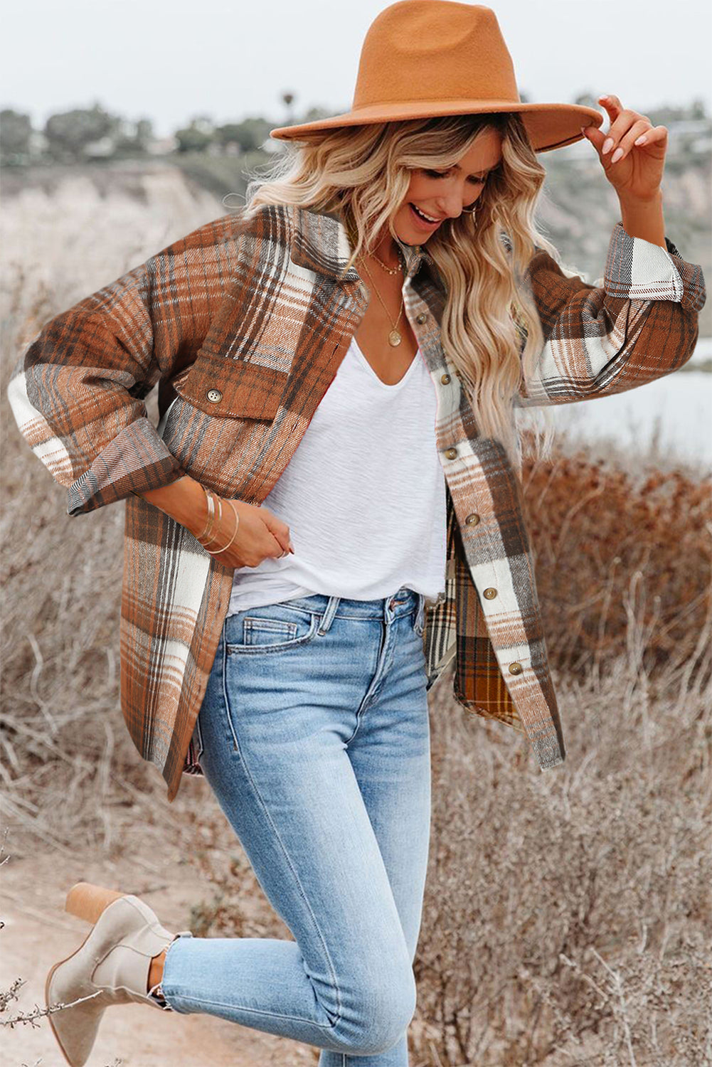 Brown Plaid Flap Pockets Shacket | Gold Flame