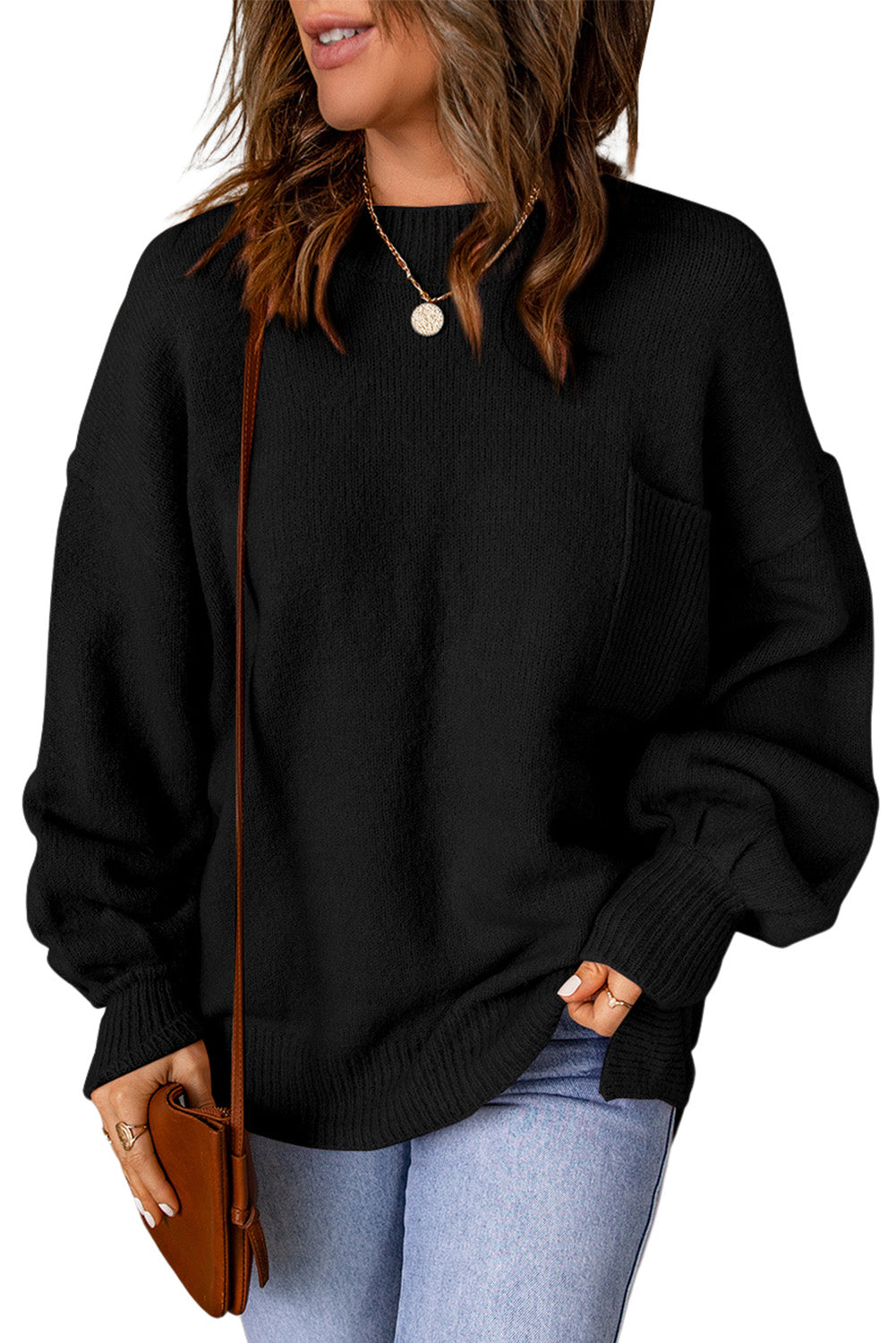 Solid Colour Puffy Sleeve Pocketed Sweater | Black