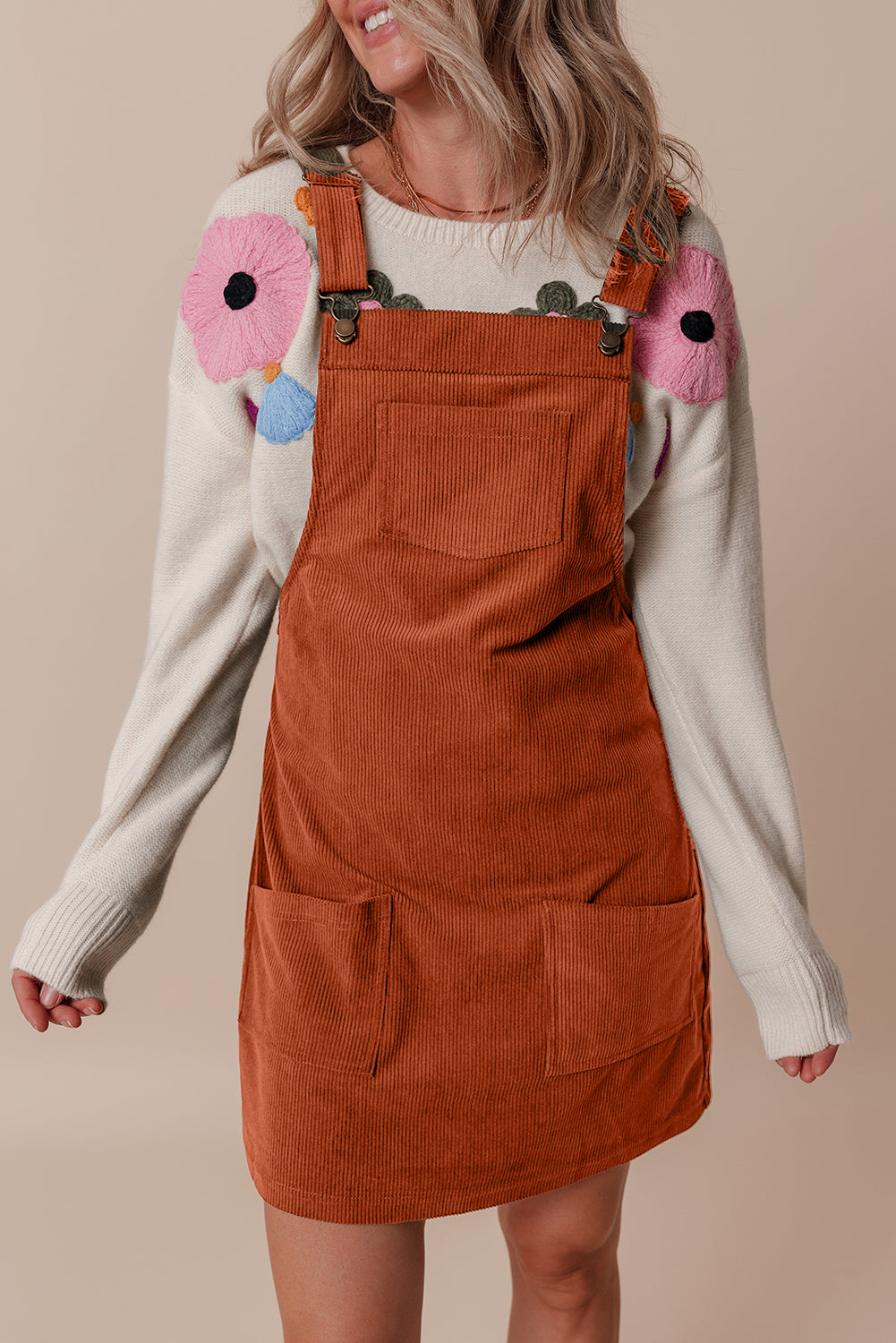 Solid Front Pockets Sleeveless Corduroy Overall Dress | Cinnamon