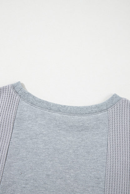 Waffle Patchwork Long Sleeve Raw Hem Pullover Top | Light Grey