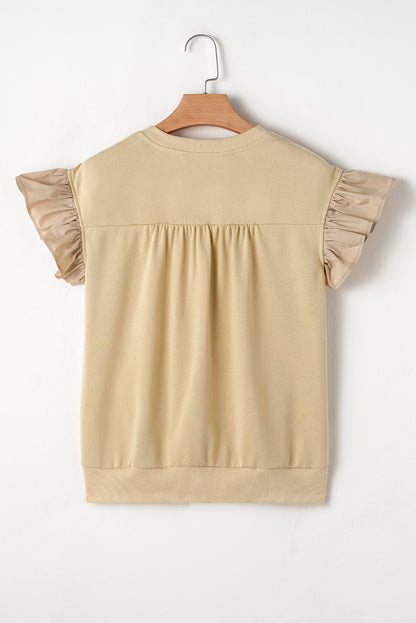 Two Tones Ribbon Bow Ruffle Sleeve Top | Parchment