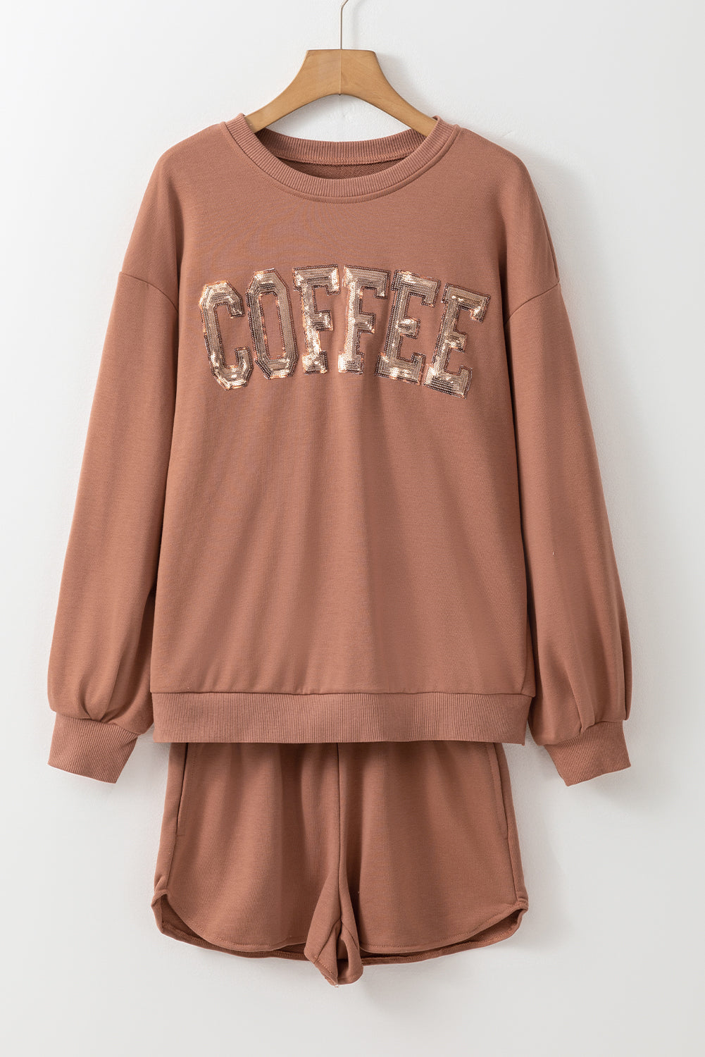 Sequined Coffee Loose Fit Sweatshirt And Shorts Set | Straw Yellow