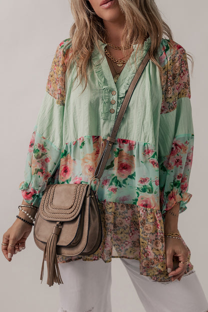 Floral Patchwork Frilled Split Neck Blouse | Green Printed