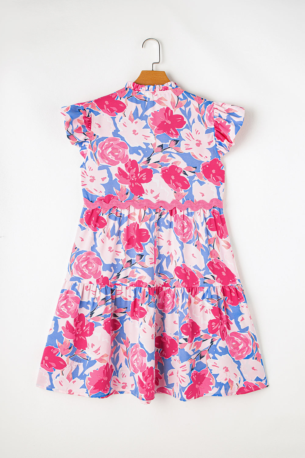 Floral Printed V Notched Ric Rac Flutter Sleeve Dress | Pink