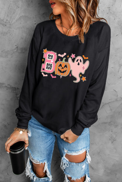 Boo Pumpkin Ghost Print Crew Neck Halloween Sweatshirt | Black