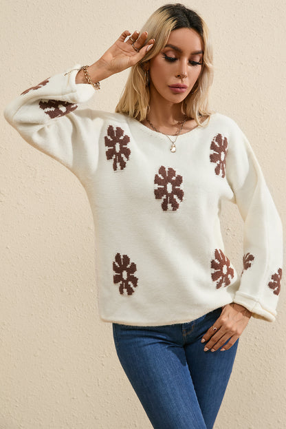 Colourblock Floral Pattern Round Neck Sweater | White