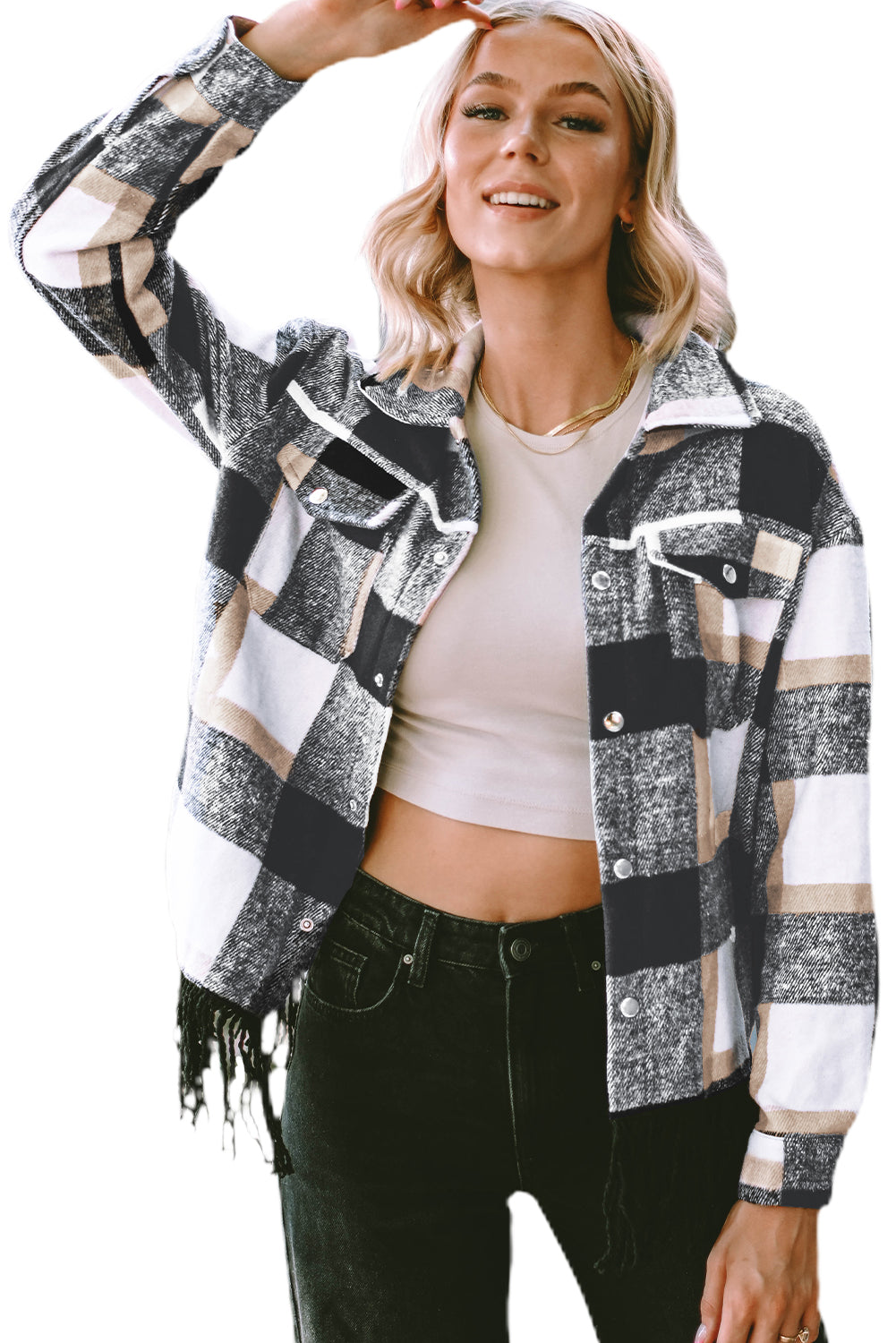 Plaid Snap Button Pocket Fringed Hem Jacket | Black