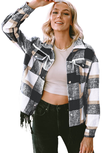 Plaid Snap Button Pocket Fringed Hem Jacket | Black