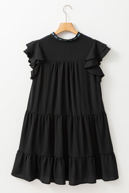 Floral Embroidered Tiered Ruffled Mini Dress | Black