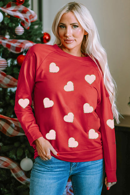 Heart Shaped Glitter Chenille Patched Pullover Sweatshirt | Red