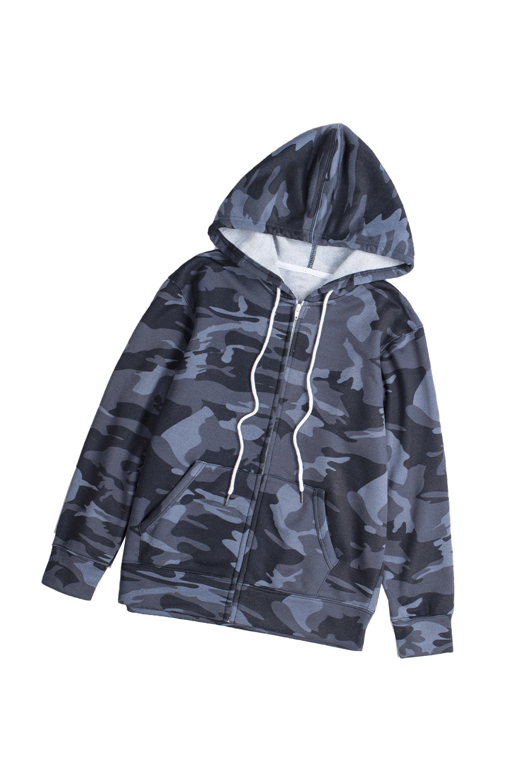 Camo Print Zip-Up Hooded Coat With Pockets | Black