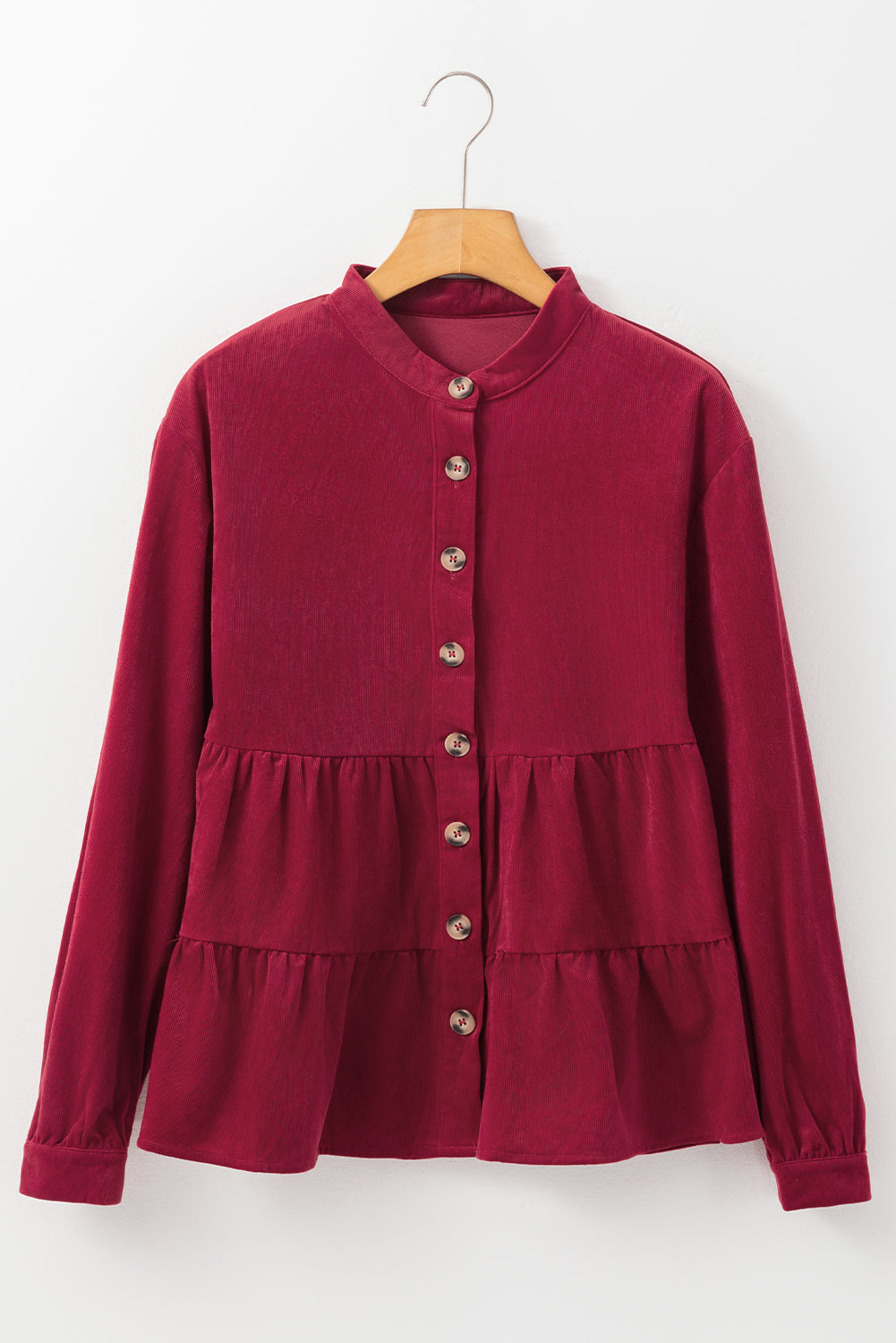 Corduroy Ruffle Tiered Buttoned O Neck Shirt | Burgundy