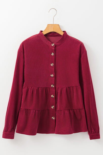 Corduroy Ruffle Tiered Buttoned O Neck Shirt | Burgundy