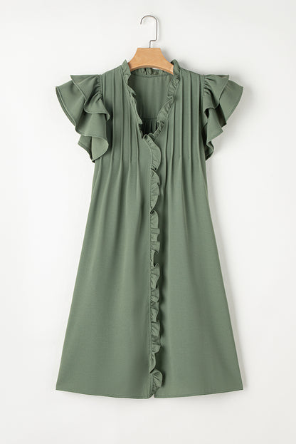 Ruffle Sleeve V Neck Frilled Shift Dress | Mist Green