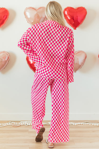 Checkered Buttoned Shirt And High Waist Pants Pajama Set | Pink