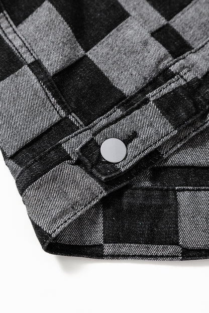 Checkered Patchwork Button Up Denim Jacket | Black