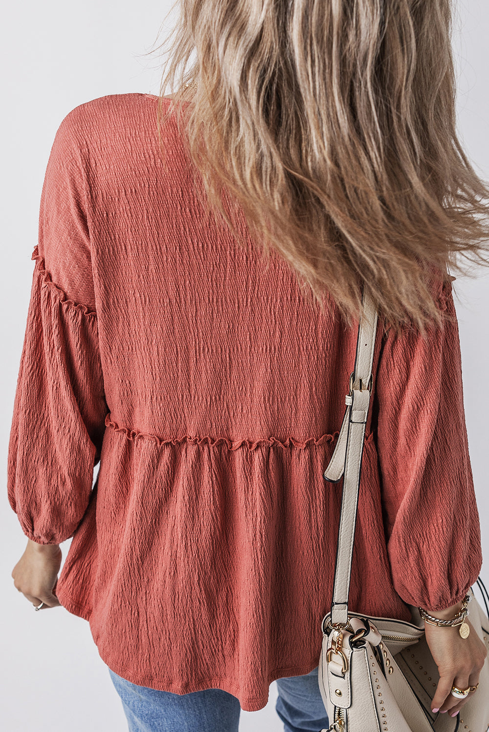 Solid Colour Textured Frilled Trim V Neck Puff Sleeve Blouse | Mineral Red