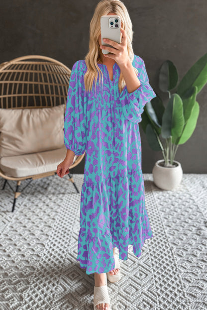 Abstract Print Puff Sleeve Tied Notched Neck Long Dress | Sky Blue