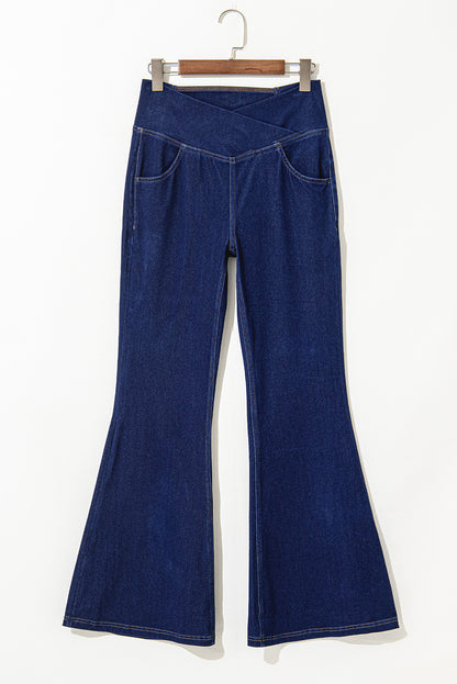 Solid Crossed Waist High Elastic Fit Flare Knit Jeans | Dusk Blue