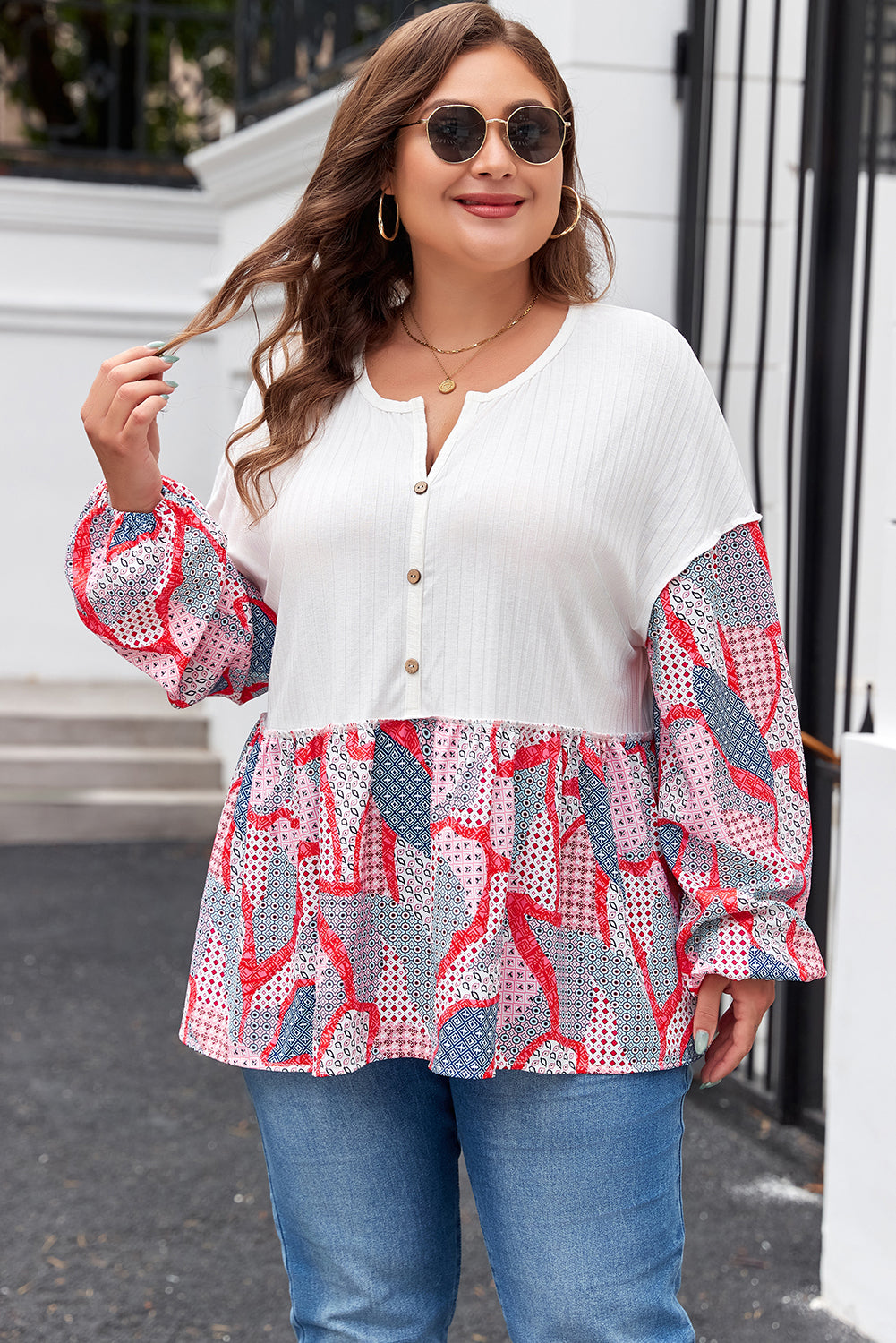 Plus Size Printed Patchwork Textured Buttoned Blouse | Apricot