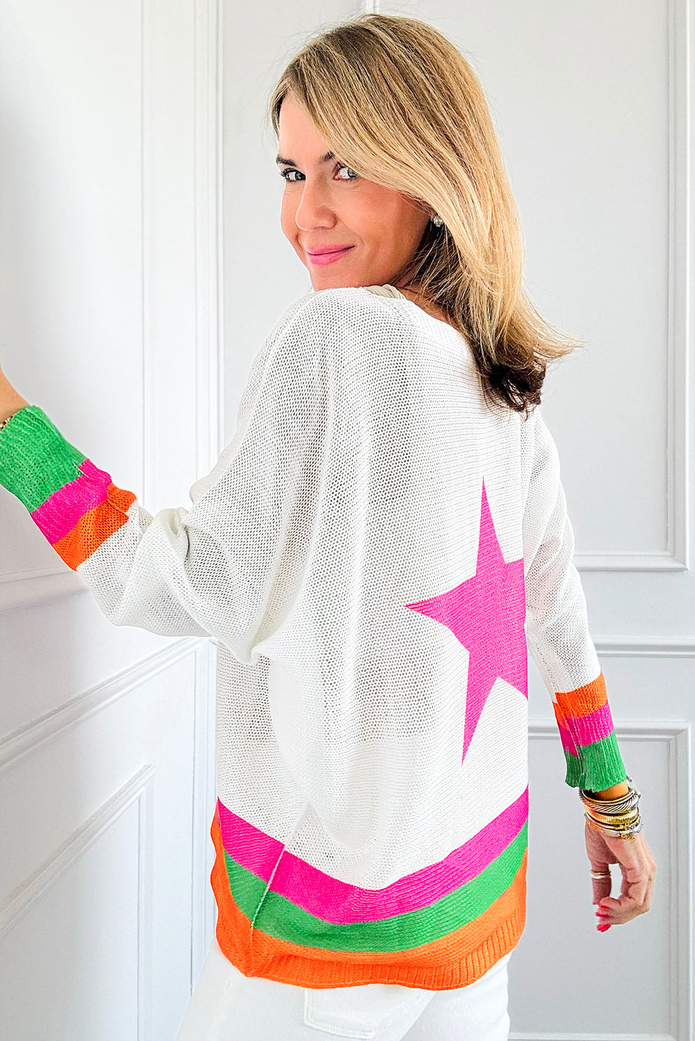 Star Pattern Colourblock Striped Edge Drop Shoulder Sweater | White