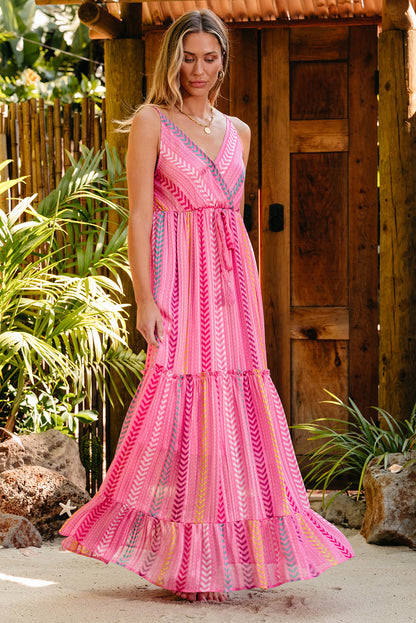 Western Printed Tassel Tie V Neck Wrap Maxi Dress | Pink