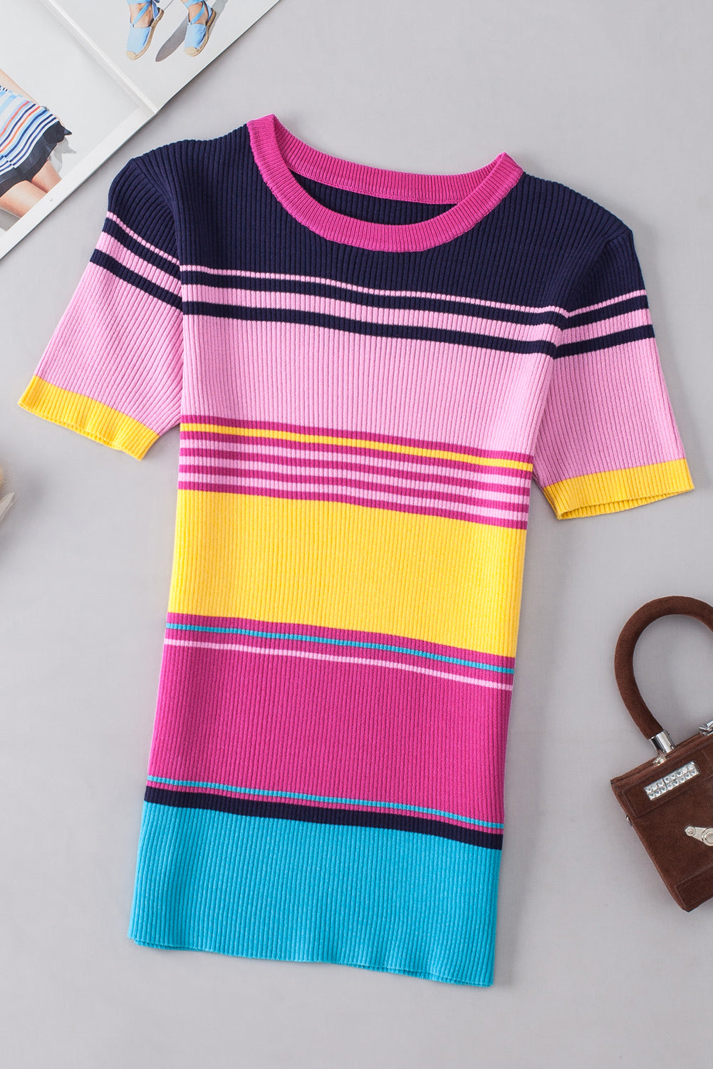 Mixed Stripes Ribbed Knit Top | Pink