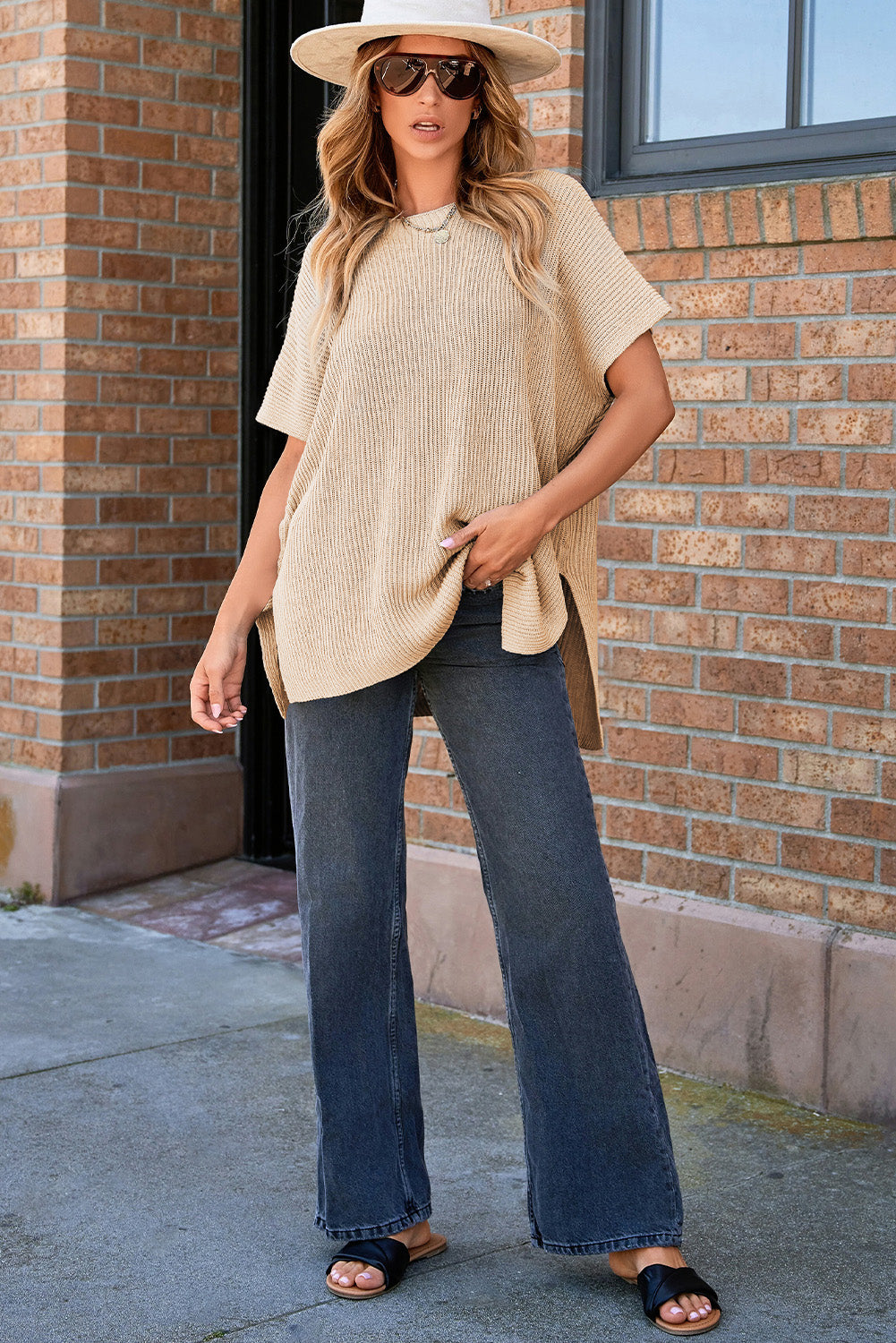 Short Sleeve Side Slit Oversized Sweater | Apricot