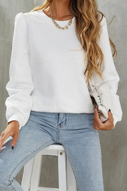 White Textured Puff Long Sleeve Round Neck Top