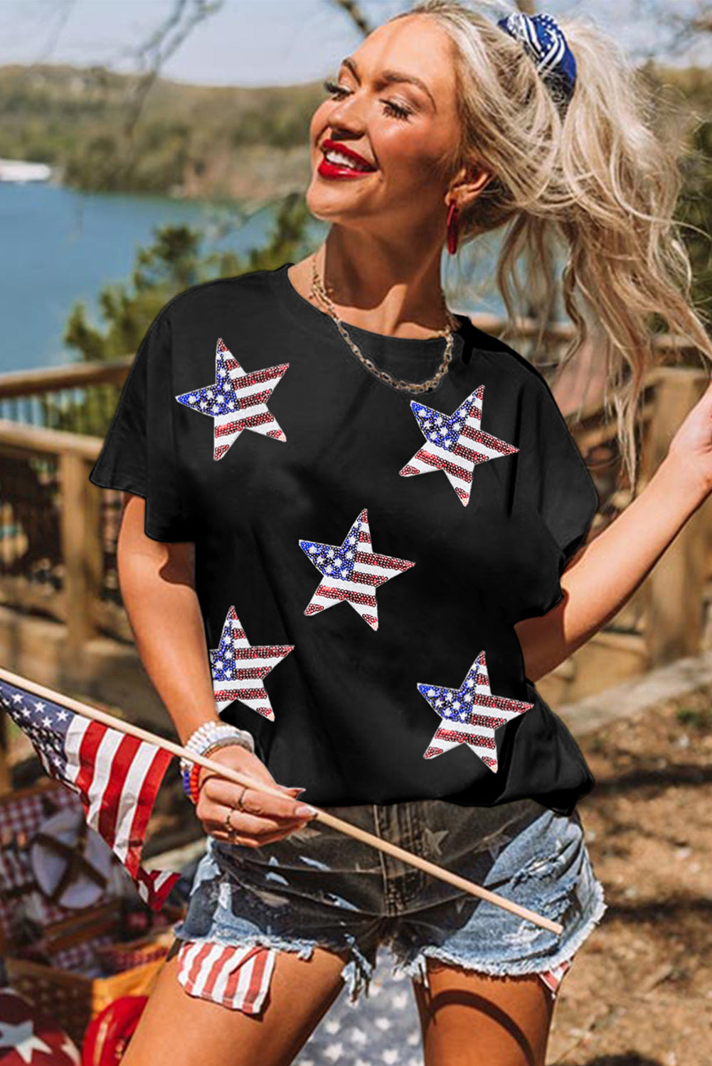 Sequined American Flag Star Graphic T Shirt | Black