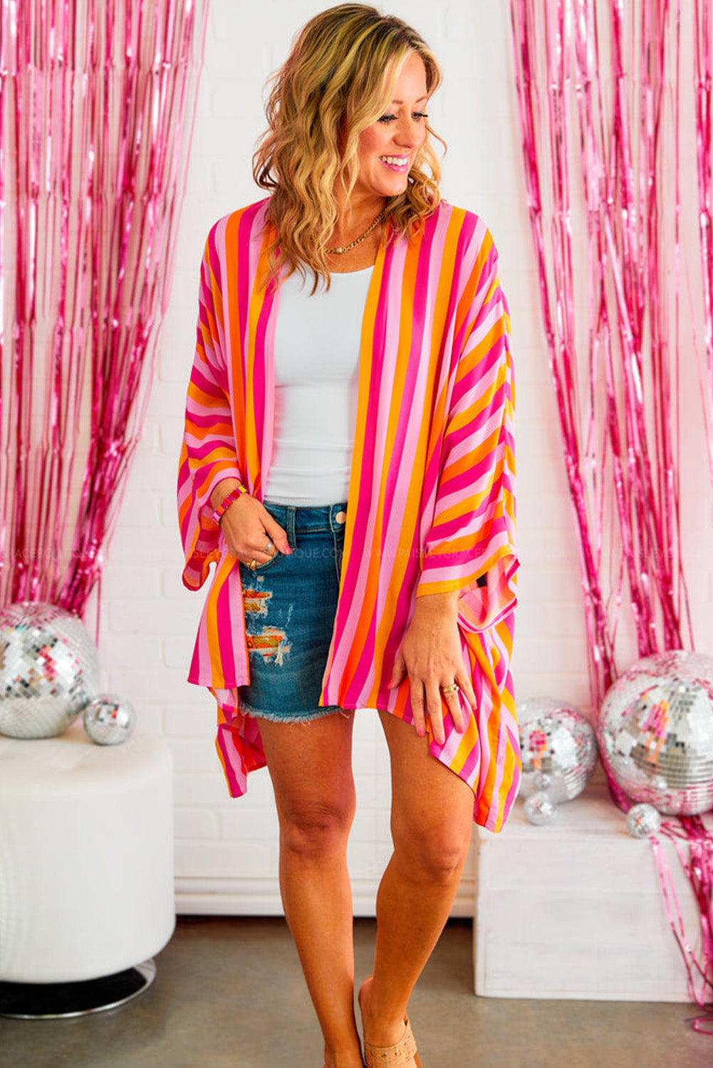 Wide Sleeve Open Front Kimono | Rose Stripe