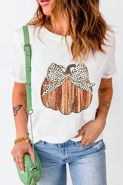 Thanksgiving Bow Knot Pumpkin Print Round Neck T Shirt | White