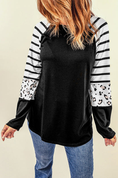 Striped Animal Print Colourblock Long Sleeve Top | Black