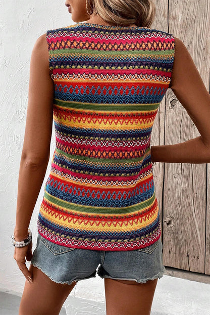 Ethnic Wavy Pattern Round Neck Sleeveless Top | Yellow