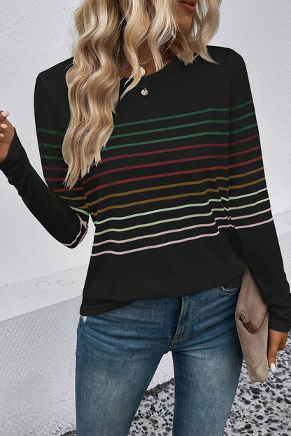 Multicolour Striped Crew Neck Long Sleeve Top | Black