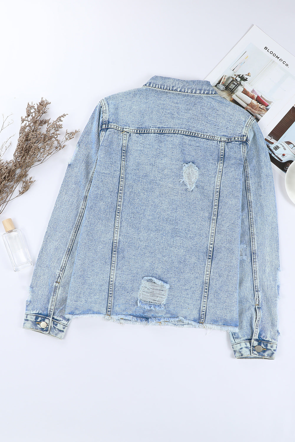 Lapel Distressed Raw Hem Buttons Denim Jacket | Sky Blue