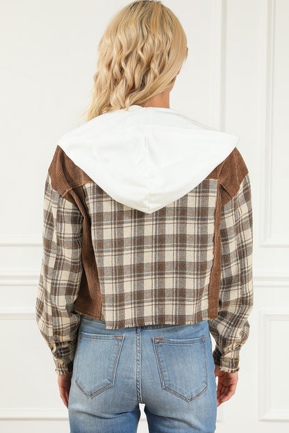 Plaid Patchwork Distressed Hooded Cropped Jacket | Brown