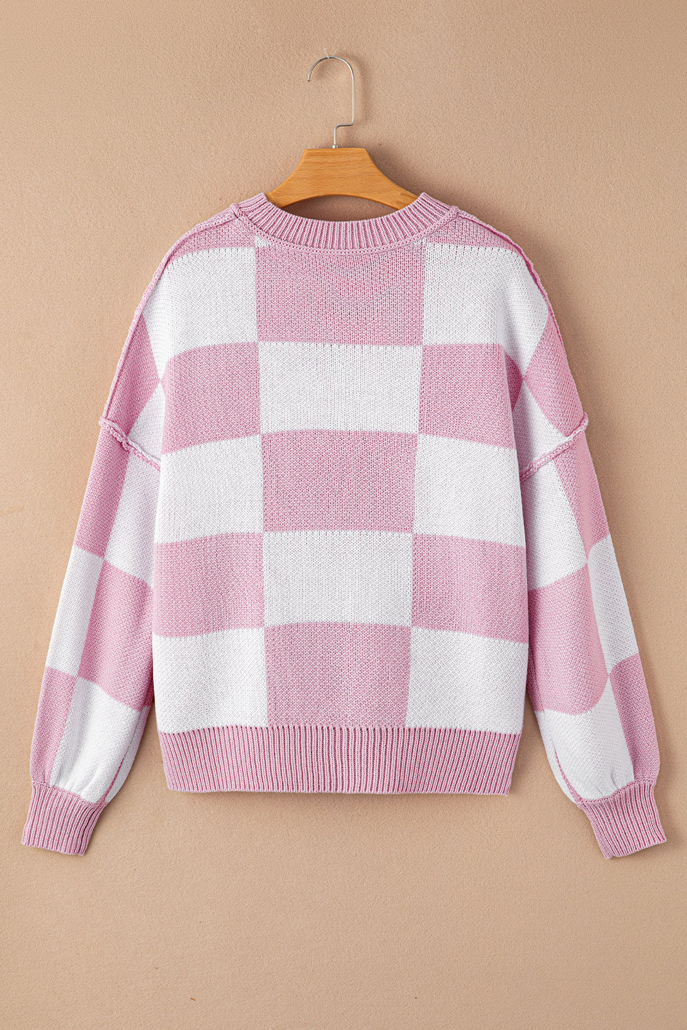 Checkered Bishop Sleeve Sweater | Pink