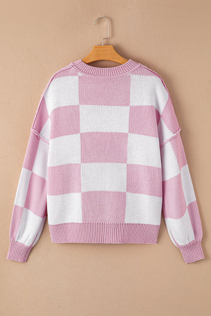 Checkered Bishop Sleeve Sweater | Pink