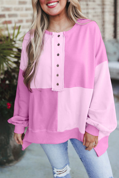 Colourblock Henley High Low Oversize Sweatshirt | Pink