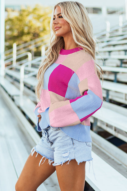 Colour Block Drop Shoulder Crewneck Loose Fit Sweater | Rose Red