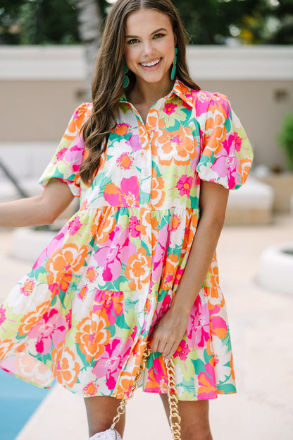 Floral Puff Sleeve Collar Buttoned Babydoll Dress | Pink