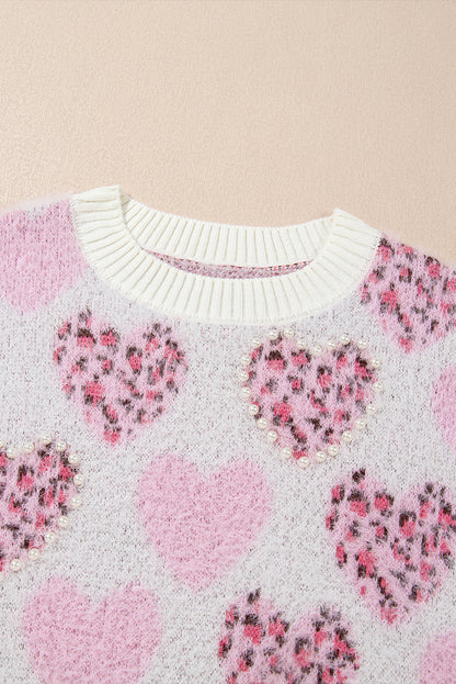 Heart Leopard Print Pearled Ribbed Trim Fuzzy Sweater | Pink