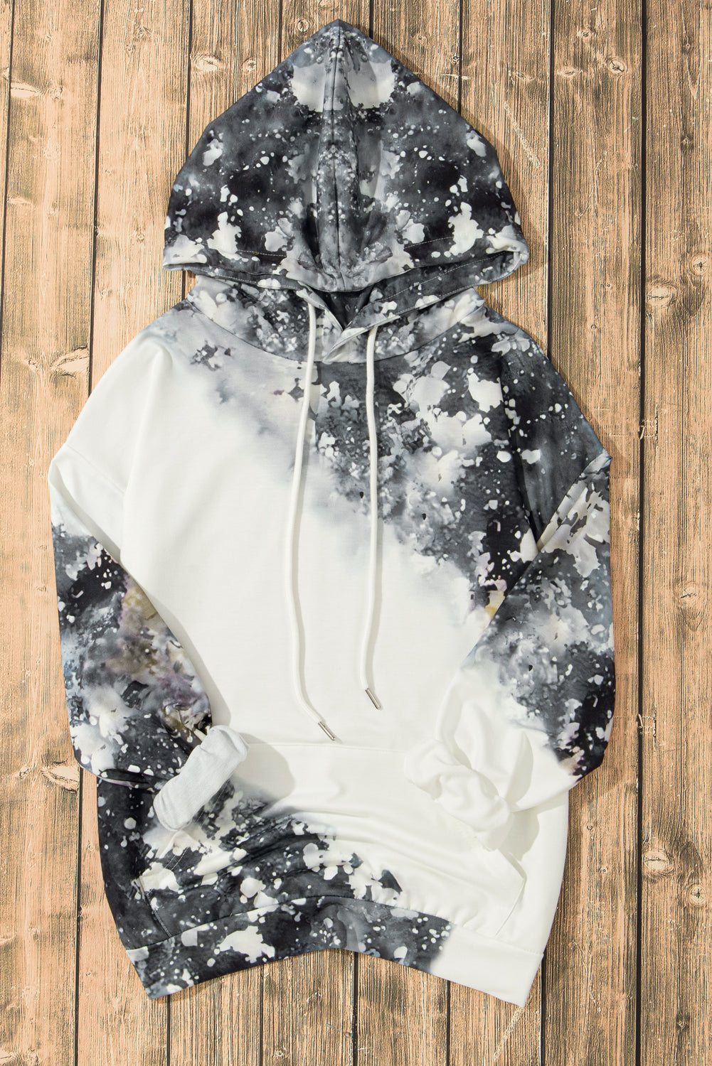 Bleached Tie Dye Kangaroo Pocket Drawstring Hoodie | Gray